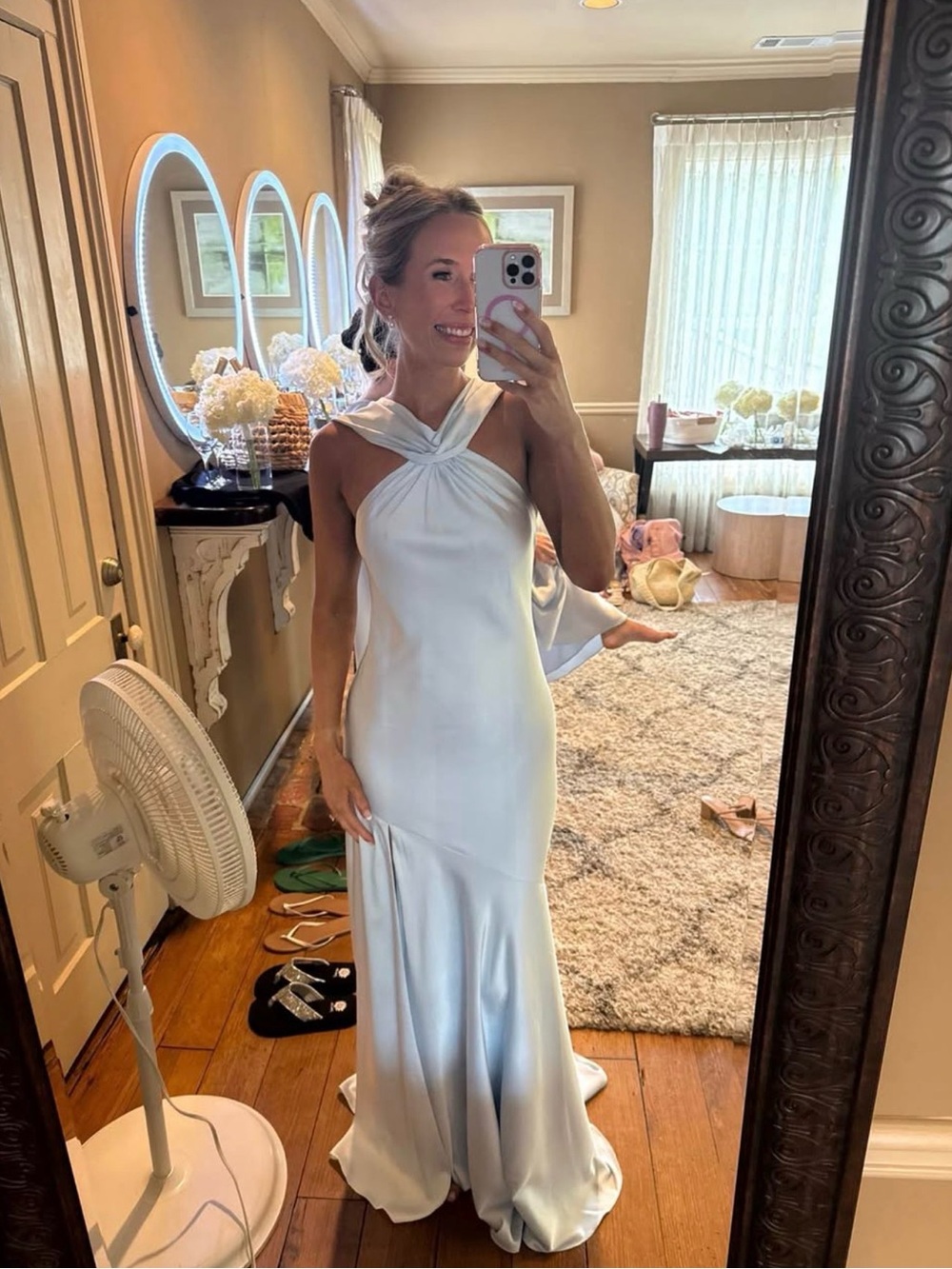 Birdy Grey White Satin Halter-Twist Maxi Dress